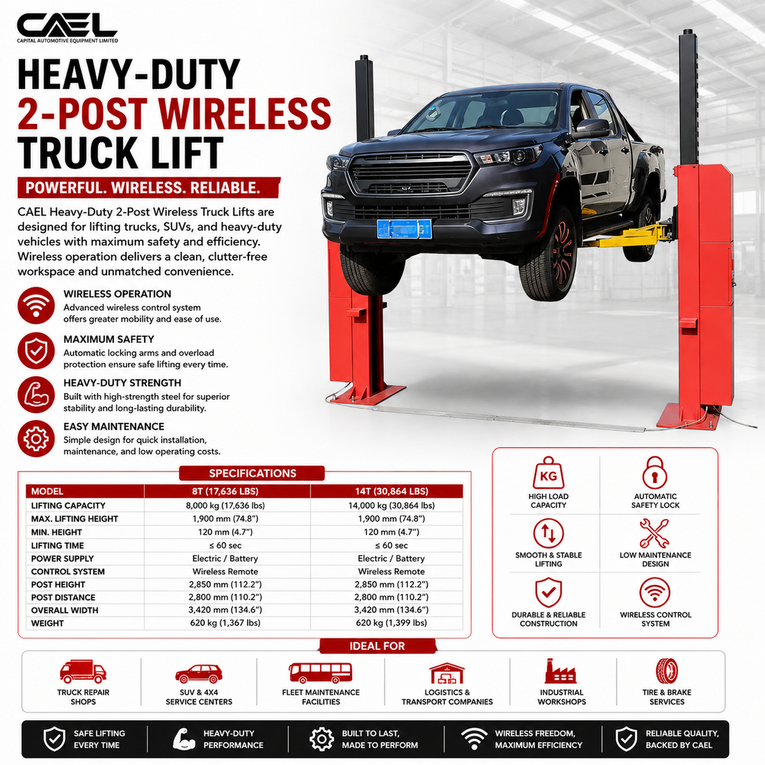 CAEL Heavy-Duty 2 Post Wireless Truck Lifts