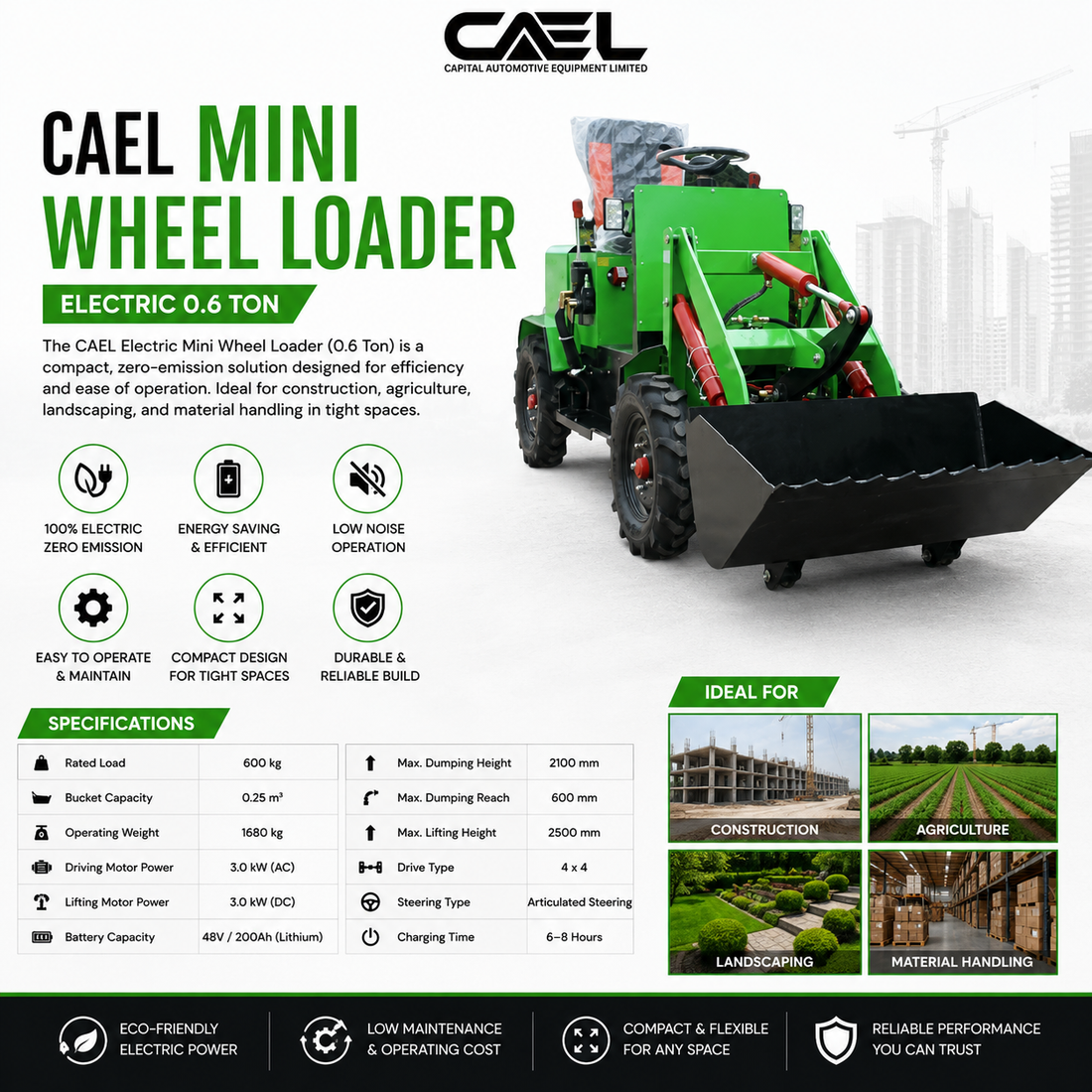 CAEL Electric Mini Wheel Loader – Compact and Eco-Friendly Material Handling Solution