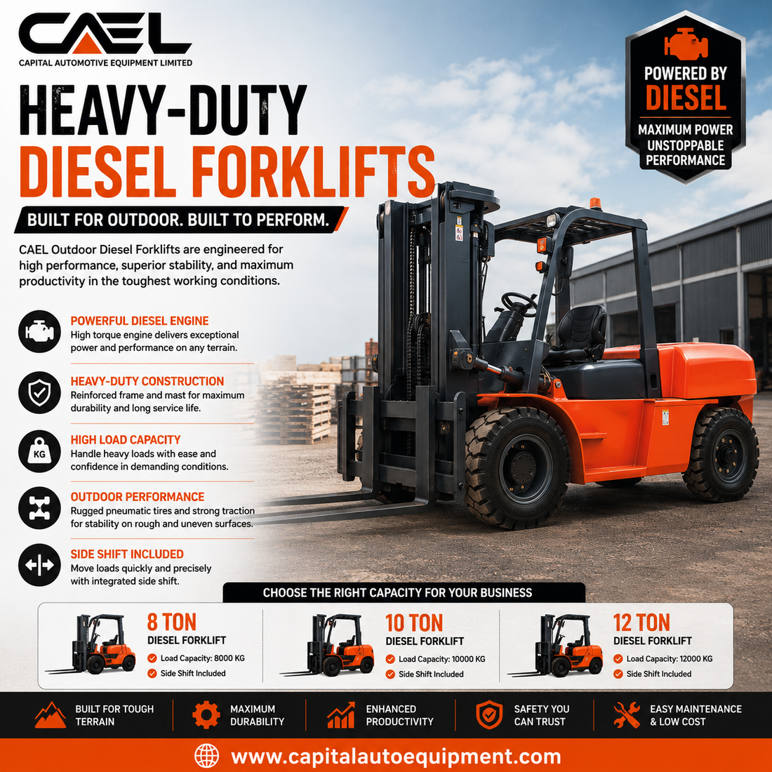 CAEL Outdoor Diesel Forklifts: 8T, 10T, and 12T Side Shift Models for Heavy Lifting