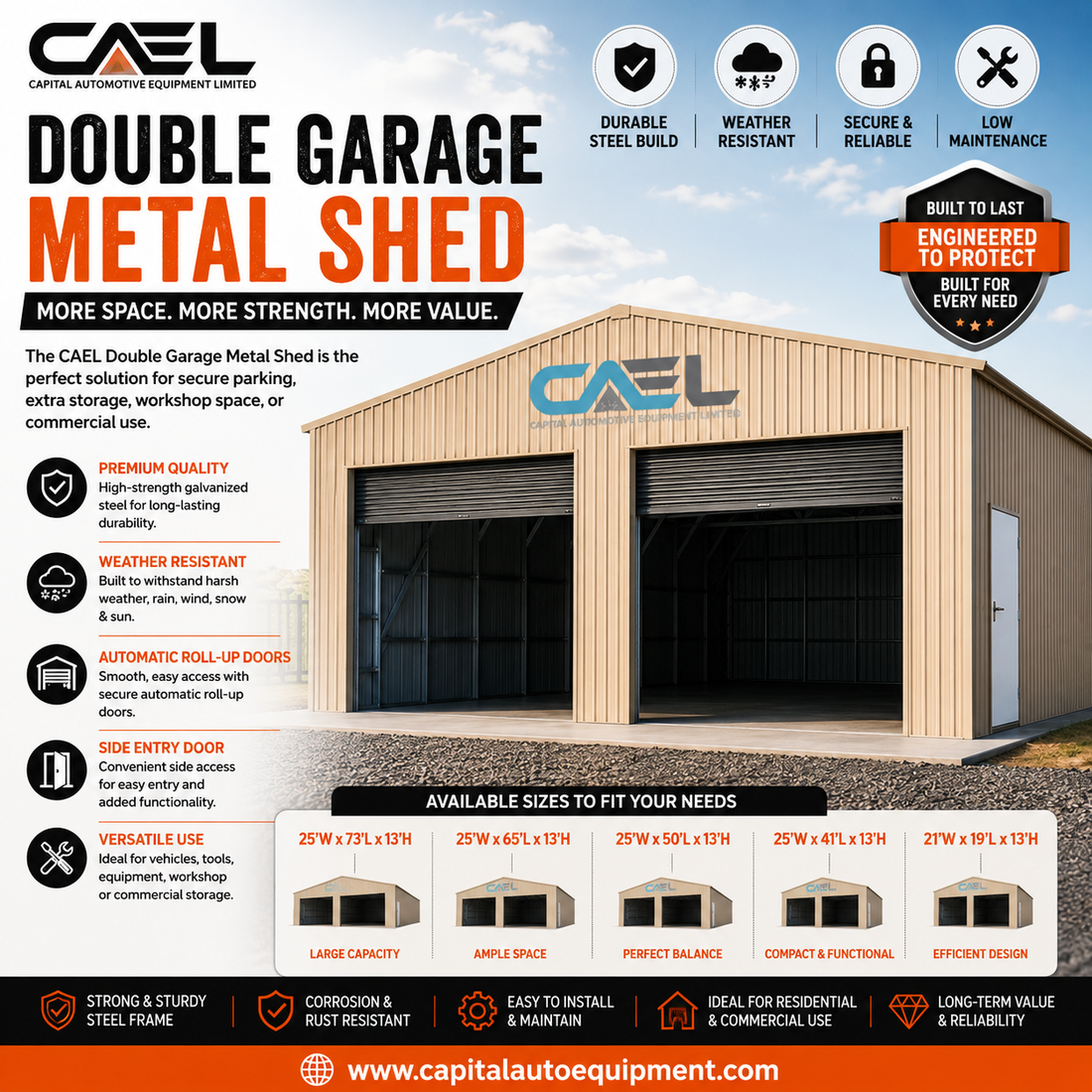 CAEL Double Garage Metal Sheds: Spacious Storage with Automatic Roll-Up Doors and Side Entry