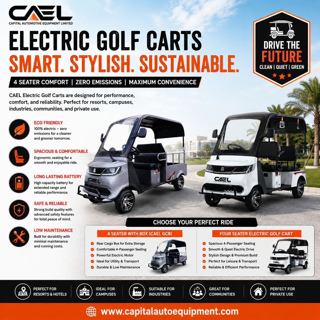 CAEL 4-Seater Electric Golf Carts: Comfortable Passenger Transport with Added Utility
