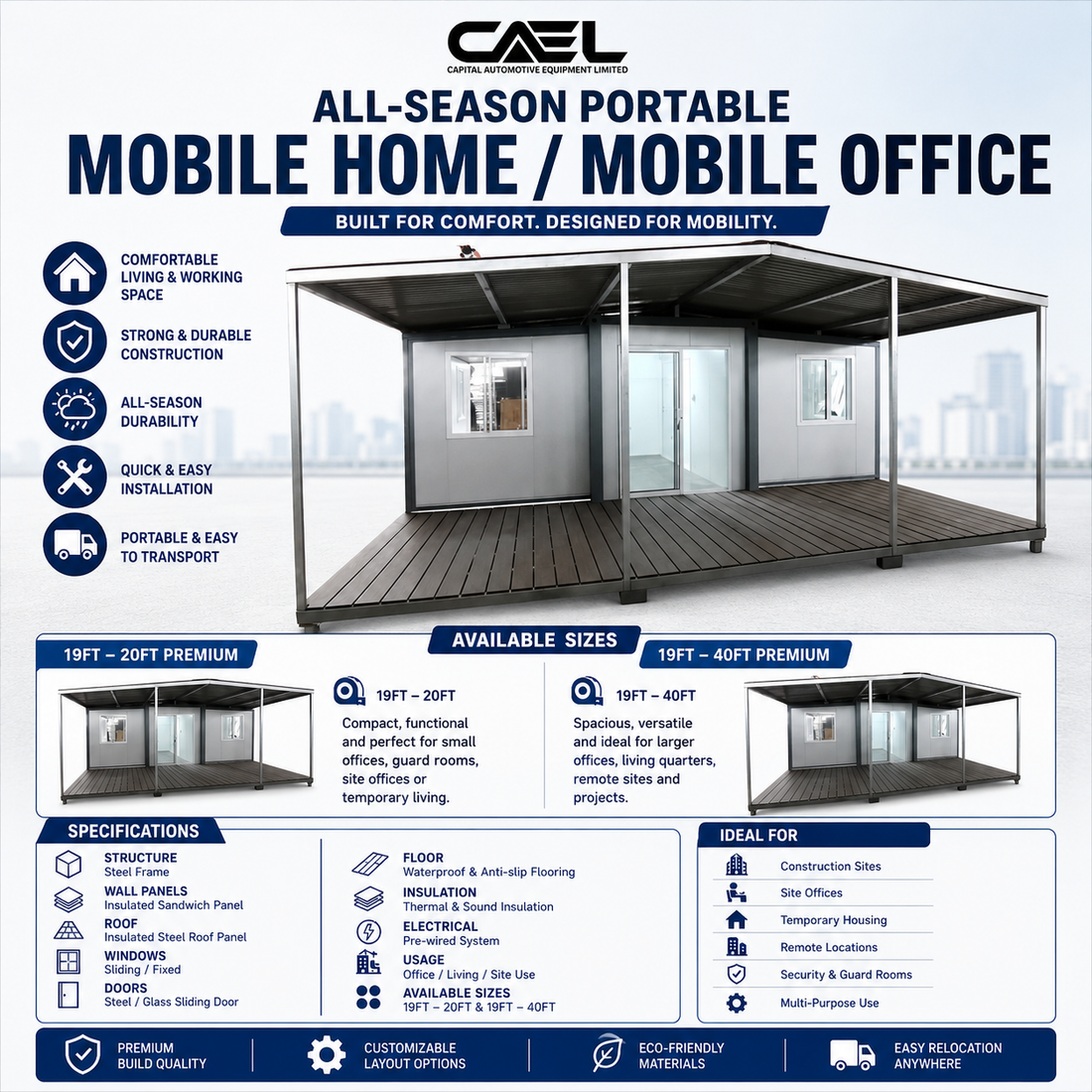 CAEL Premium Mobile Homes & Offices: 19ft/20ft & All-Season 19ft/40ft Models