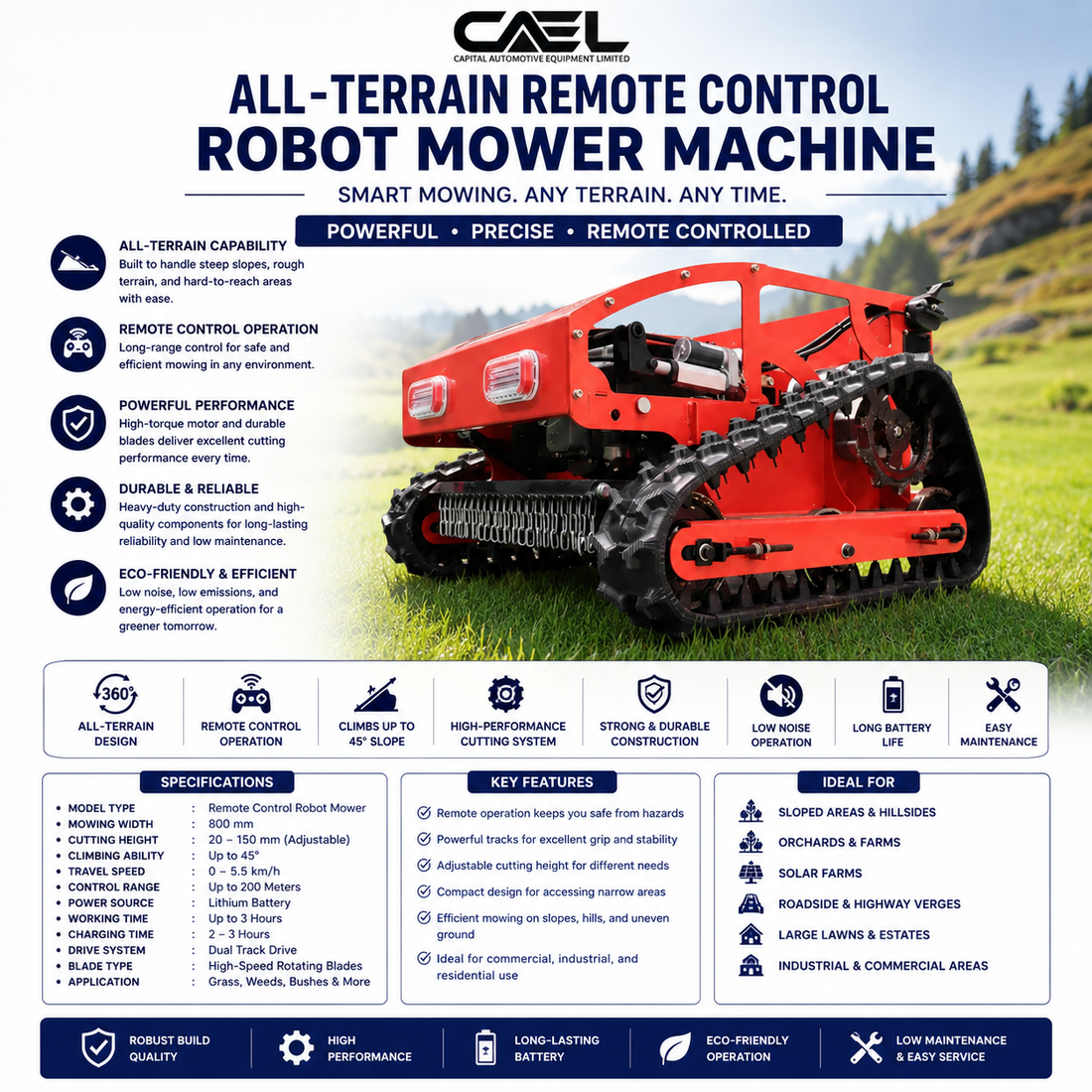 CAEL All-Terrain Remote Control Robot Mower – Smart Lawn Care for Tough Landscapes