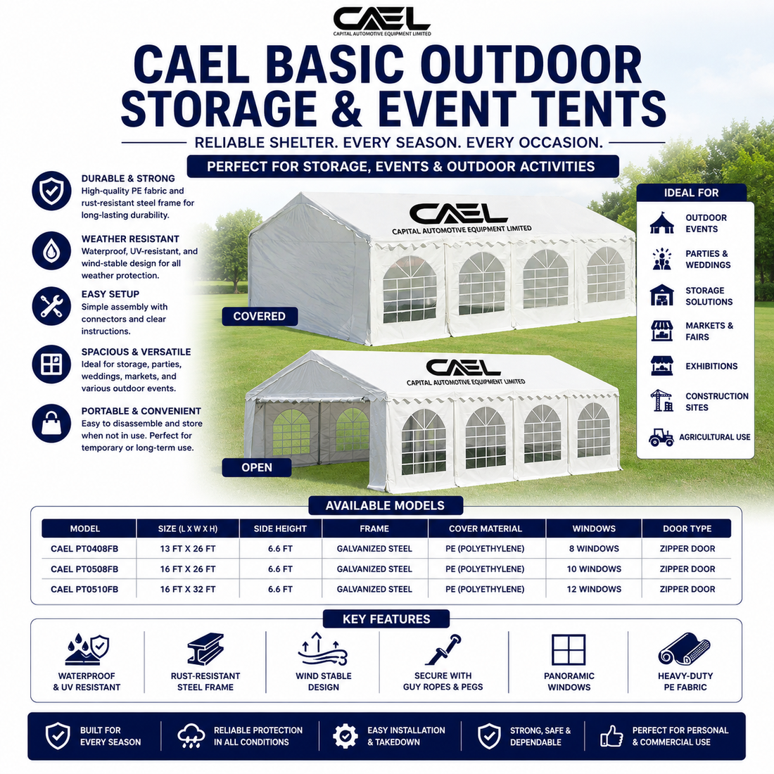 CAEL Outdoor Storage & Event Tents – Reliable Shelter Solutions for Every Occasion
