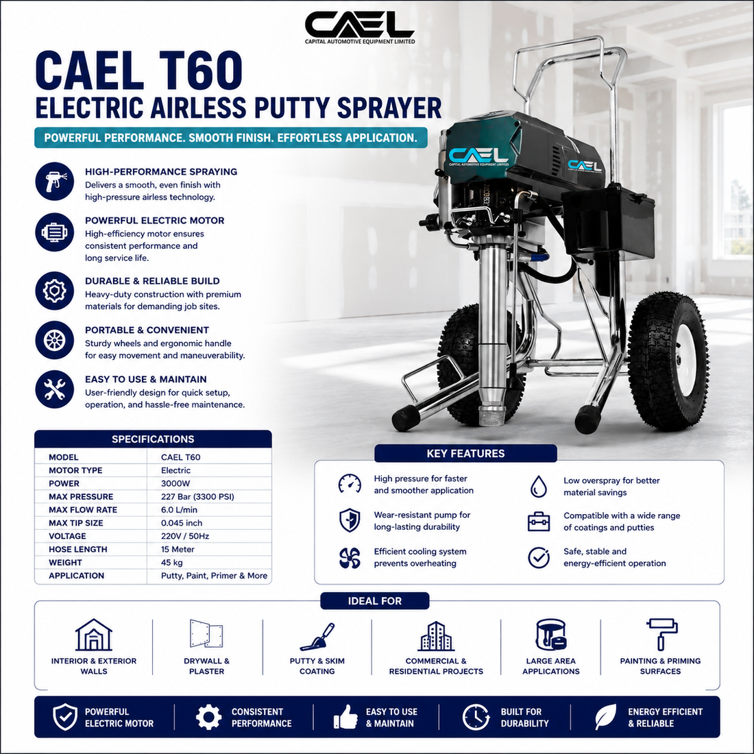 CAEL T60 Electric Airless Putty Sprayer – Professional Finishing with High Efficiency