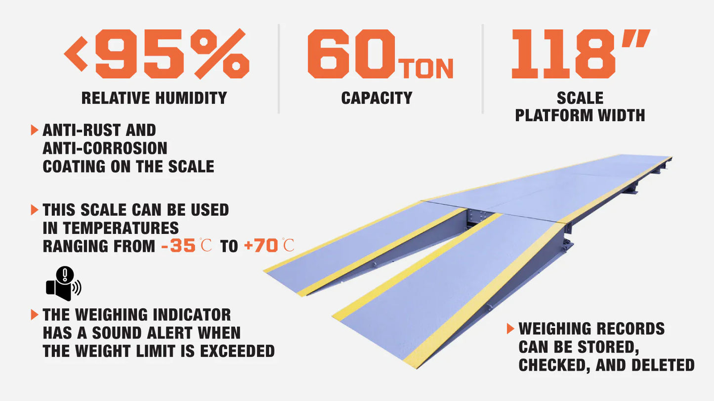 60 Ton Weighbridge Truck Scale, -35℃ to +70℃, 10’ x 56’ (W x L), High-Quality Steel, U-Shape Beam Design, 120% Safe Overload