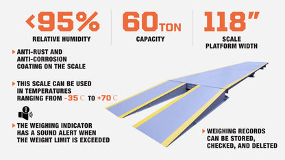 60 Ton Weighbridge Truck Scale, -35℃ to +70℃, 10’ x 56’ (W x L), High-Quality Steel, U-Shape Beam Design, 120% Safe Overload