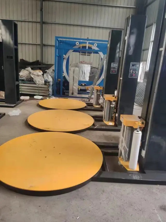 Automatic pallet wrapping machine for skid stretch wrap industrial packaging