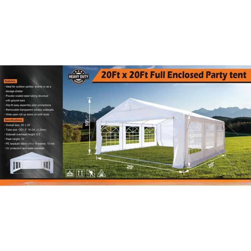 20' x 20' Heavy Duty Outdoor Party Tent with Removable Sidewalls and Roll-Up Doors, PE tarpaulin fabric, 6’6" Overhead, 10’ Peak Ceiling