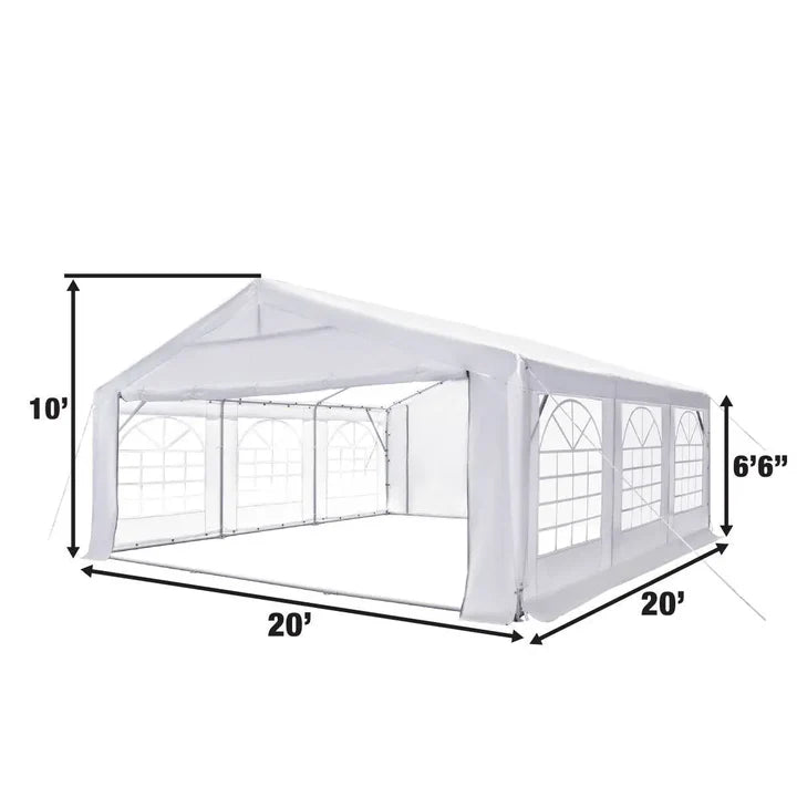 20' x 20' Heavy Duty Outdoor Party Tent with Removable Sidewalls and Roll-Up Doors, PE tarpaulin fabric, 6’6" Overhead, 10’ Peak Ceiling