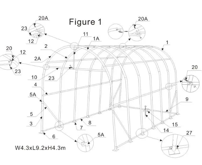 Dome shape single truss 14' wide 30' length 14' height