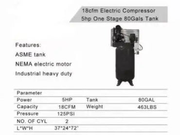 Electric compressor 220v 5 hp one stage 80 gals tank 18 cfm (ECC80G)
