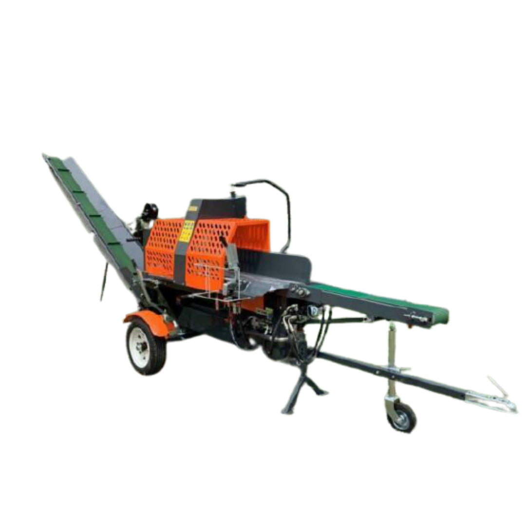 Towable firewood processor trailer with hydraulic feeding conveyor