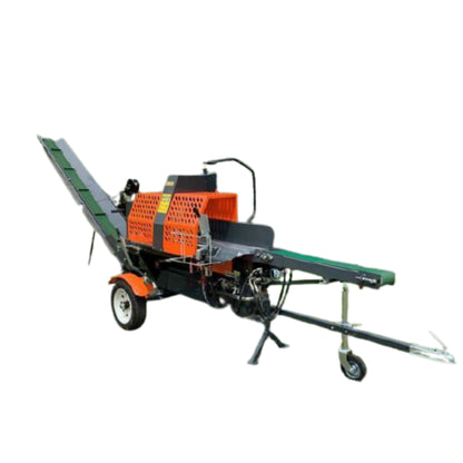 Towable firewood processor trailer with hydraulic feeding conveyor