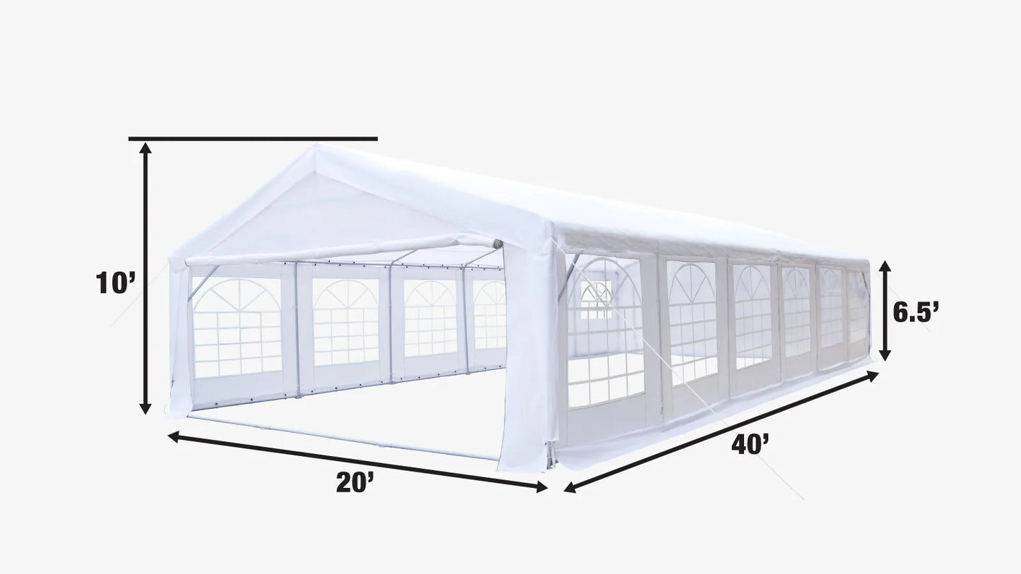 20' x 40' Heavy Duty Outdoor Party Tent with Removable Sidewalls and Roll-Up Doors, 11 oz PE Cover, 6’6" Overhead, 10’ Peak Ceiling