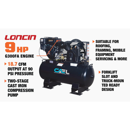 CAEL 90150T - 40 Gallon Skid Mount Gas Air Compressor, 2-Stage Belt Drive, 9 HP Engine, horizontal Tank