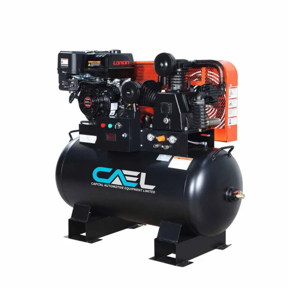 Skid Mount Gas Air Compressor, 2-Stage Belt Drive, 14 HP Engine, Horizontal Tank