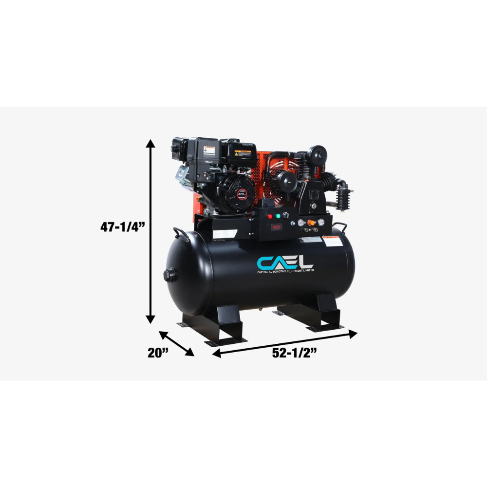 Skid Mount Gas Air Compressor, 2-Stage Belt Drive, 14 HP Engine, Horizontal Tank