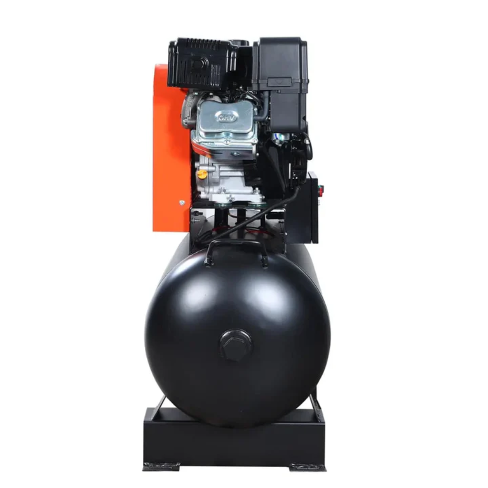 Skid Mount Gas Air Compressor, 2-Stage Belt Drive, 14 HP Engine, Horizontal Tank
