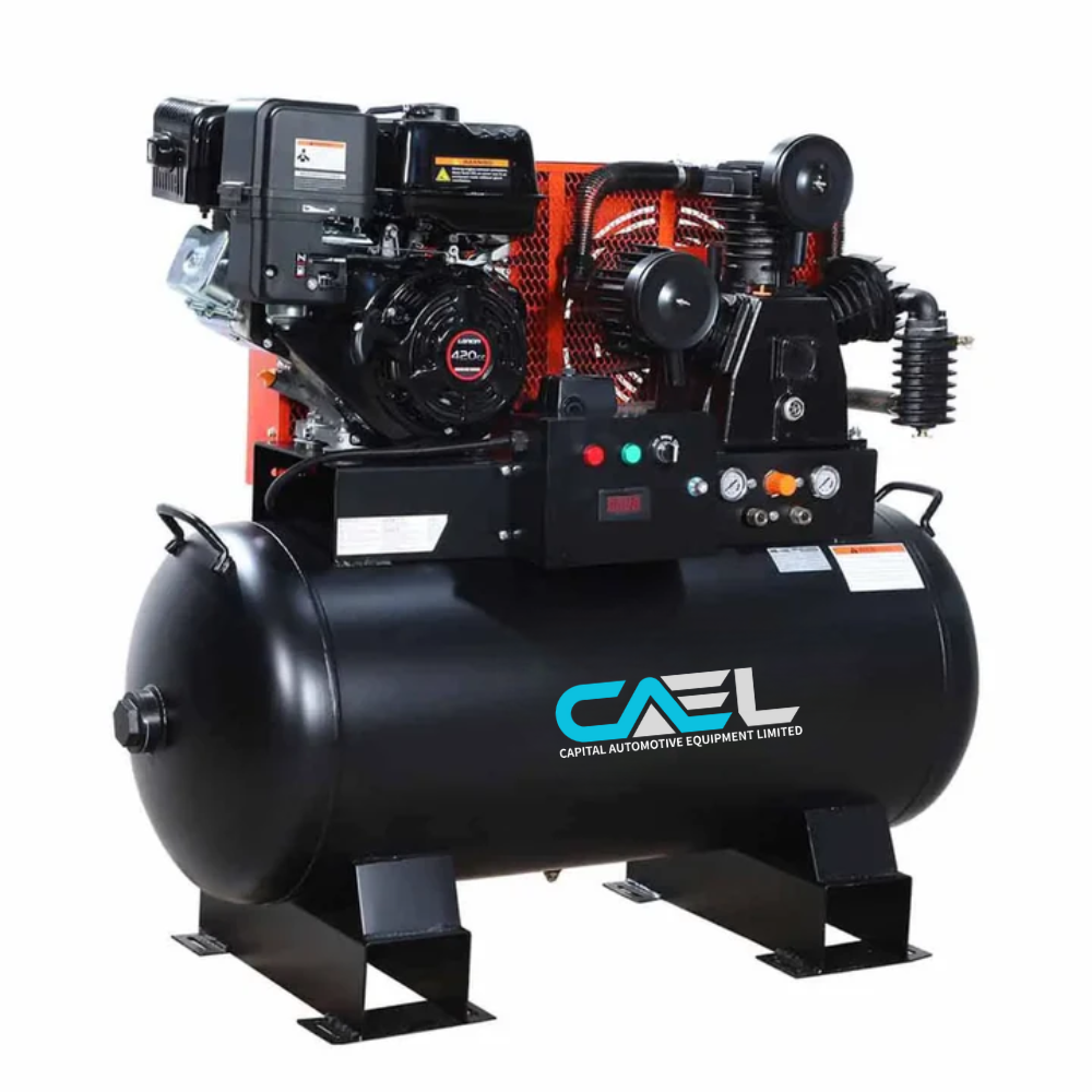 Skid Mount Gas Air Compressor, 2-Stage Belt Drive, 14 HP Engine, Horizontal Tank