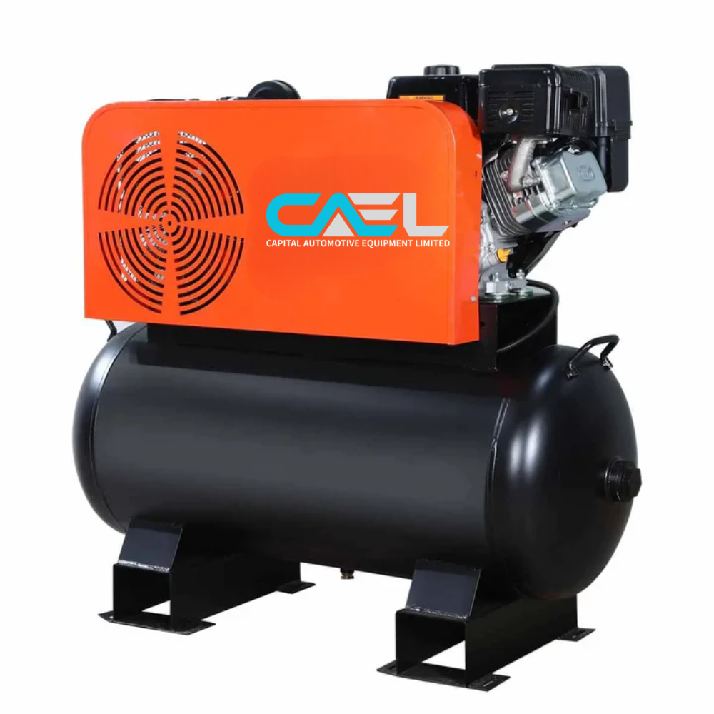 Skid Mount Gas Air Compressor, 2-Stage Belt Drive, 14 HP Engine, Horizontal Tank