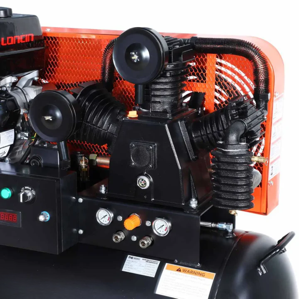 Skid Mount Gas Air Compressor, 2-Stage Belt Drive, 14 HP Engine, Horizontal Tank