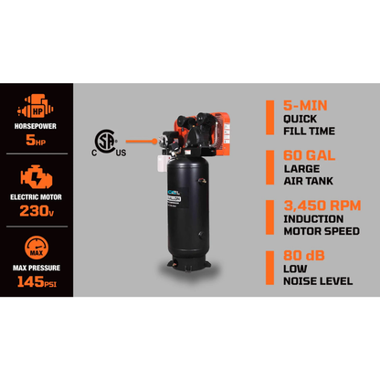 CAEL 5060G - 60 Gallon 5 HP Stationary Electric Air Compressor, 5 Min Fill Time, 230V Induction Motor, Single Stage