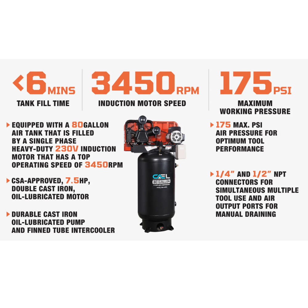 CAEL 7580G - 80 Gallon, 7.5 HP Stationary Electric Air Compressor, 6 Min Fill Time, 230V Induction Motor, 2 Stage