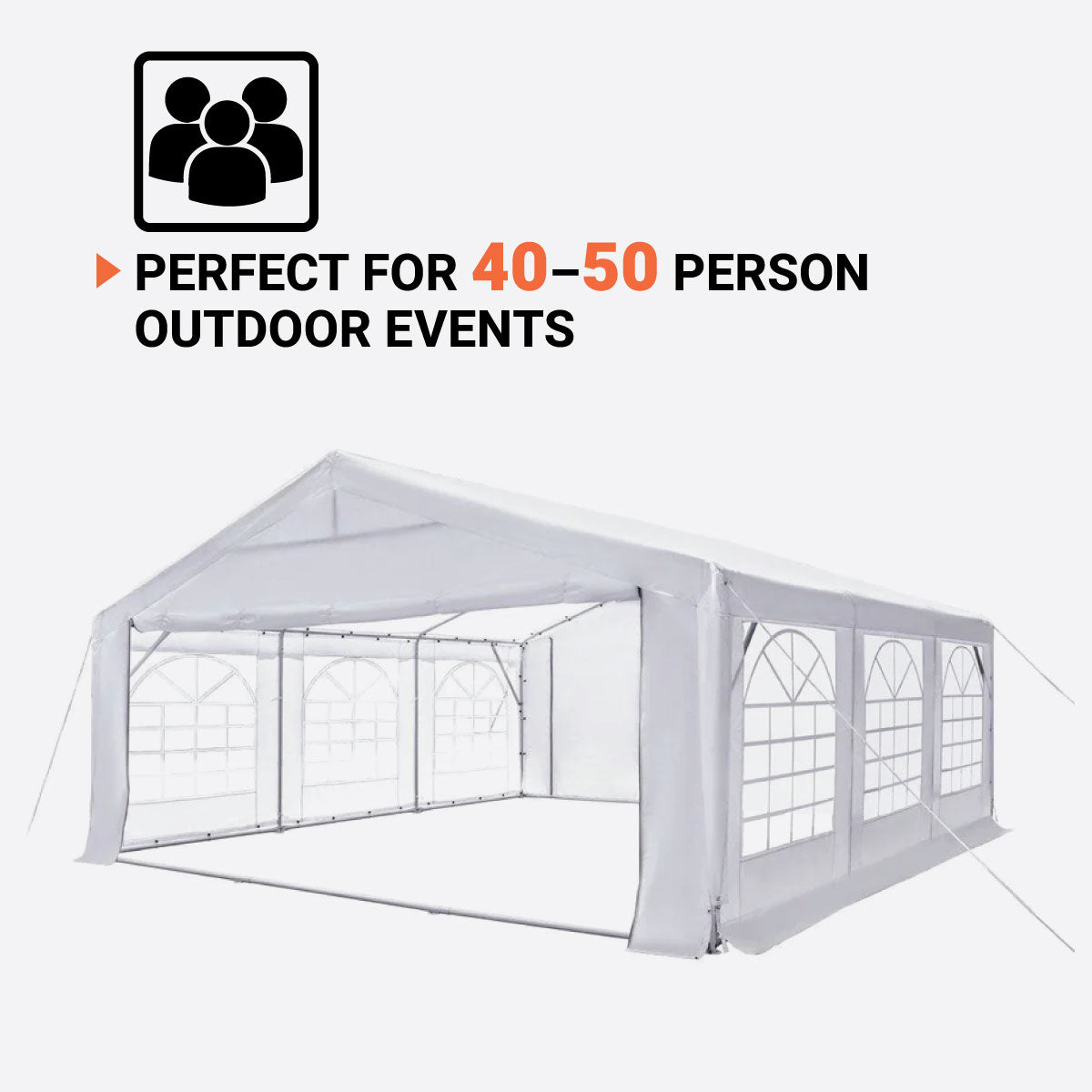 20' x 20' Heavy Duty Outdoor Party Tent with Removable Sidewalls and Roll-Up Doors, PE tarpaulin fabric, 6’6" Overhead, 10’ Peak Ceiling