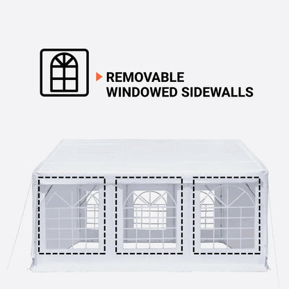 20' x 20' Heavy Duty Outdoor Party Tent with Removable Sidewalls and Roll-Up Doors, PE tarpaulin fabric, 6’6" Overhead, 10’ Peak Ceiling