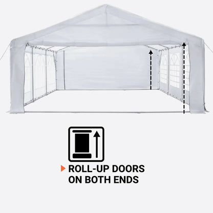 20' x 20' Heavy Duty Outdoor Party Tent with Removable Sidewalls and Roll-Up Doors, PE tarpaulin fabric, 6’6" Overhead, 10’ Peak Ceiling