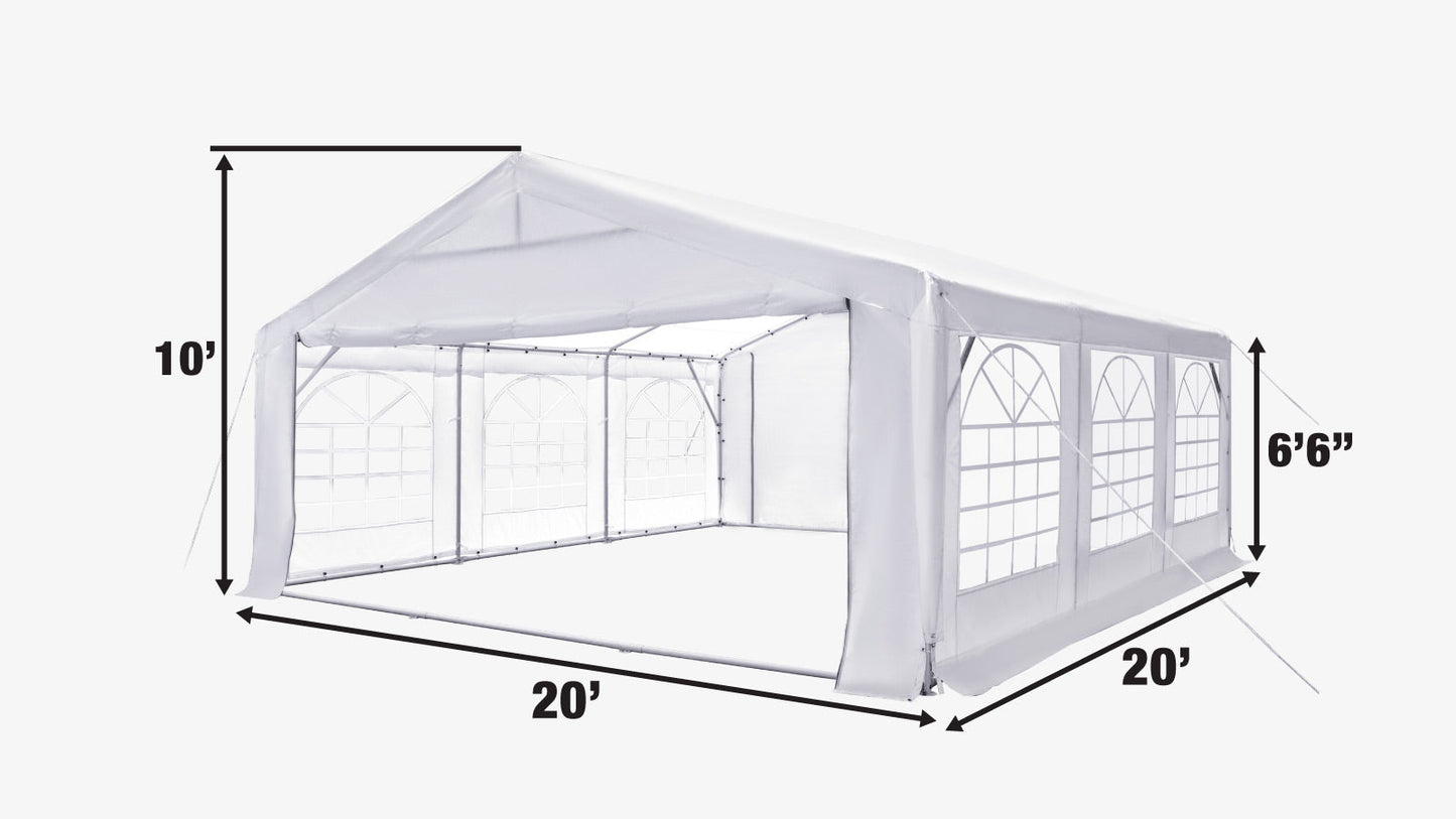 20' x 20' Heavy Duty Outdoor Party Tent with Removable Sidewalls and Roll-Up Doors, PE tarpaulin fabric, 6’6" Overhead, 10’ Peak Ceiling