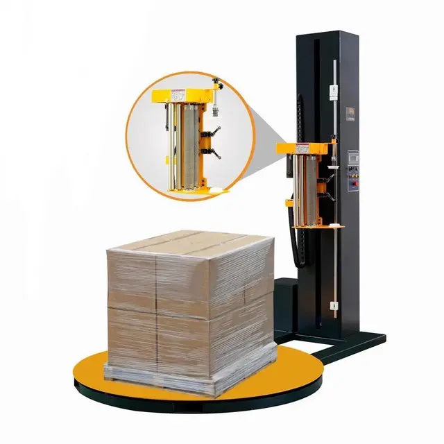 Automatic pallet wrapping machine for skid stretch wrap industrial packaging